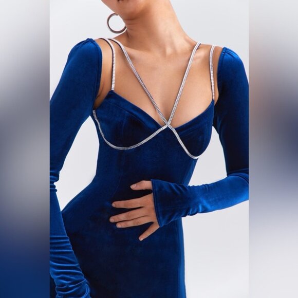 House of CB dress Mistress Rocks velvet Blue Crystal Mini event night party S - Picture 6 of 15